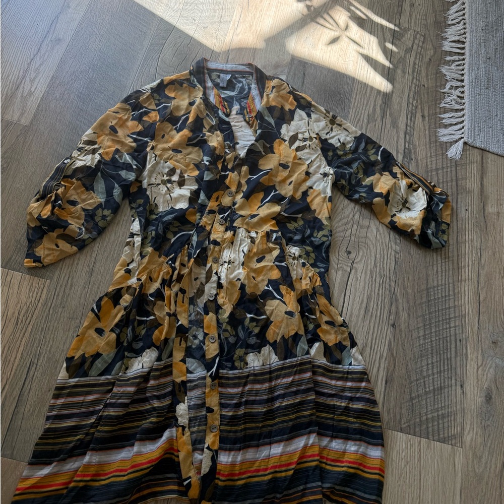 Anthropologie Floral Striped Midi Dress - Black, Yellow, Orange